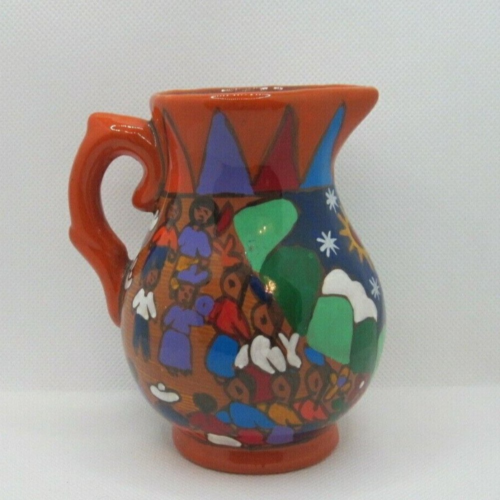 Mexican Folk Art Pitcher Creamer Red Clay Hand Painted Glazed Art Pottery 4.5"